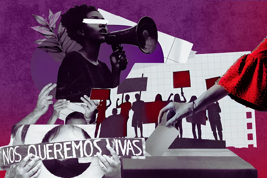 Ilustración en collage de una mujer afrodescendiente hablando por un megáfono, junto a siluetas de personas manifestándose con pancartas y un cartel que dice “Nos queremos vivas”, en tonos morados y rojos que evocan movilización social y defensa de los derechos de las mujeres