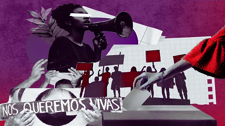 Ilustración en collage de una mujer afrodescendiente hablando por un megáfono, junto a siluetas de personas manifestándose con pancartas y un cartel que dice “Nos queremos vivas”, en tonos morados y rojos que evocan movilización social y defensa de los derechos de las mujeres