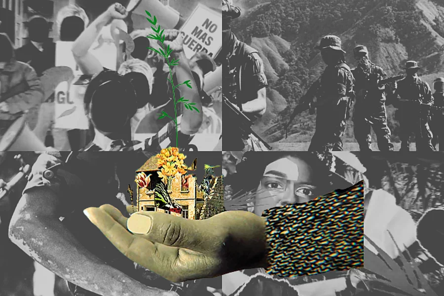 Collage de movilizaciones sociales y presencia policial, con una mano sosteniendo una escena simbólica de comunidad y naturaleza
