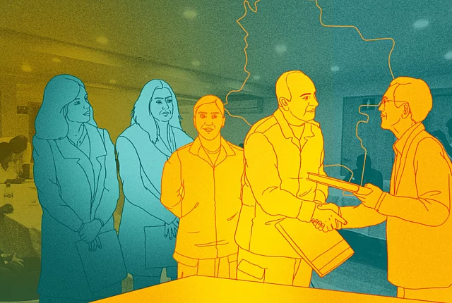 Ilustración de personas dialogando en un espacio de reunión como símbolo de participación y trabajo colectivo