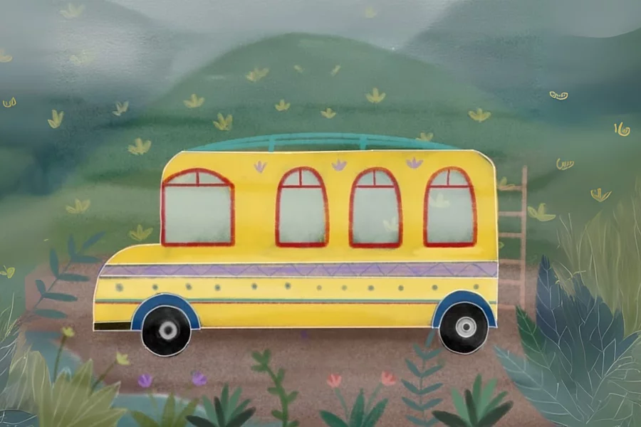 Ilustración de un bus amarillo en un paisaje natural montañoso con plantas y flores alrededor