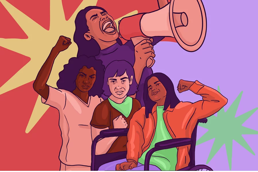 Ilustración de mujeres diversas levantando el puño y usando un megáfono como símbolo de liderazgo y participación colectiva