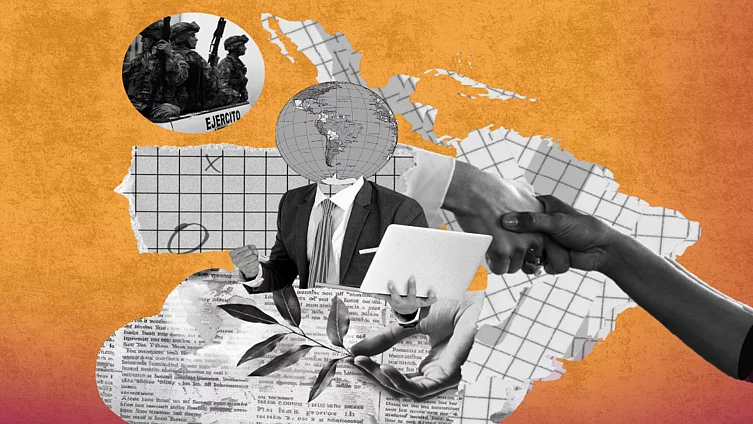 Collage en tonos naranja y blanco y negro con un mapa de América Latina, manos intercambiando documentos y elementos vinculados a política, seguridad y relaciones internacionales.