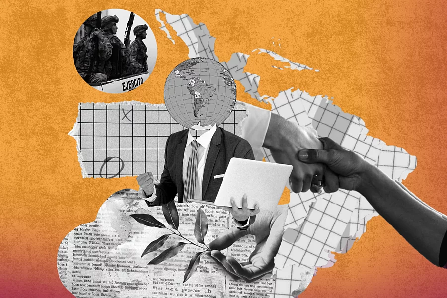 Collage en tonos naranja y blanco y negro con un mapa de América Latina, manos intercambiando documentos y elementos vinculados a política, seguridad y relaciones internacionales.